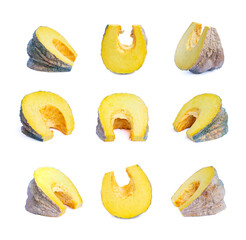 collection of sliced pumpkin chunks isolated on white background