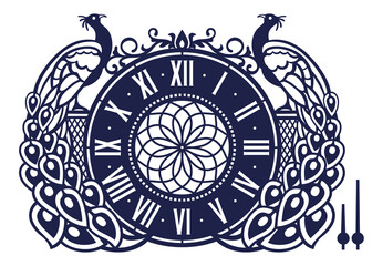 Laser cuttind template. Peacock wall clock home decor.  Laser metal or wood cutting. Ornate clock face with numerals and arrow. Vector watch. Black and white silhouette for cut on cnc machine