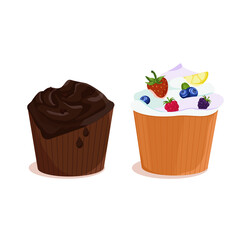 A set of two chocolate and berry cupcakes. Sweet delicious cupcake, creamy cake, vector illustration