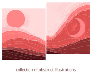 collection of two landscapes with stylized mountains, sun and moon in orange and red palette