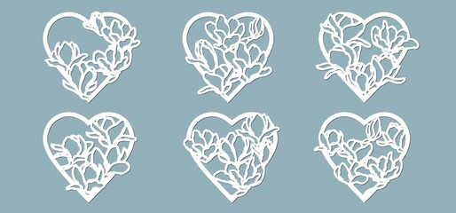 Set stencil hearts with flower magnolia. Template for interior design, invitations, etc. Vector illustration. Sticker set. Pattern for the laser cut, serigraphy, plotter and screen printing.
