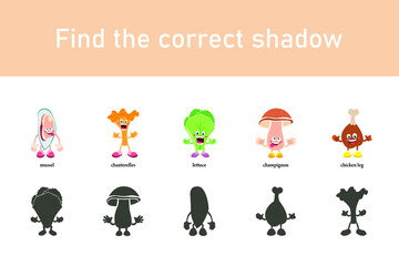 Educational game for children. Find the correct shadow. Preschool worksheet. Cartoon mussel, chanterelles, lettuce, champignon, chicken legs. Collection of educational games.