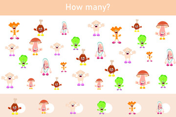 Educational game for children. Count how many elements and write down the result. Preschool worksheet. Collection of educational games.Cartoon mussel, chanterelles, lettuce, champignon, chicken legs.