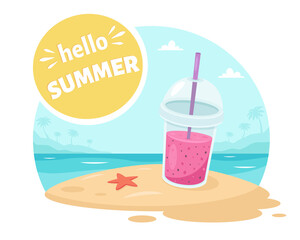 Hello summer greeting card. Ocean beach with fruit smoothie. Seascape. Vector illustration