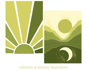 collection of two illustration with stylized mountains, sun and moon in green colours