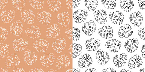 Set of Vector floral, Tropical leaves seamless pattern. Blue, beige leaf monstera in hand drawn modern Line art style. Decorative natural ornament for print textile © Olga.And.Design