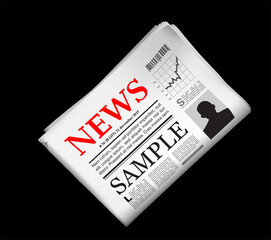 Blank newspaper with perforated edges and texture on black background. Vector