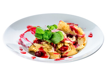 Sweet dessert. Delicious pancakes with curd served with cherry j