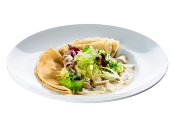 New menu in the cafe. Russian pancakes blini with fresh cream ch