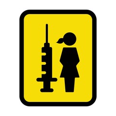 Vaccine icon vector with injection syringe female person symbol for medical and healthcare treatment in a glyph pictogram illustration