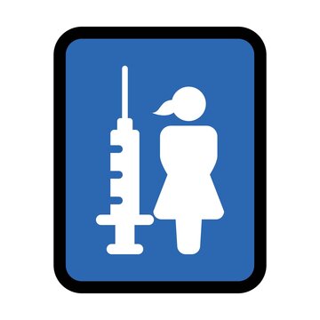Vaccine icon vector with injection syringe female person symbol for virus protection in a glyph pictogram illustration