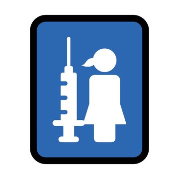Vaccination icon vector with vaccine injection syringe female person symbol for medical and healthcare treatment in a glyph pictogram illustration