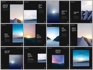 Brochure layout of square covers templates for square flyer leaflet, brochure design, presentation, magazine. Fog, sunrise in morning and sunset in evening. Nature landscape backgrounds with mountains