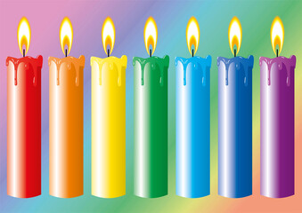 Seven burning candles painted in rainbow colors. Vector drawing for design.