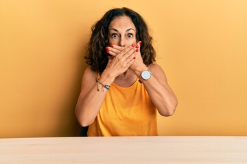 Beautiful middle age woman wearing casual clothes sitting on the table shocked covering mouth with hands for mistake. secret concept.