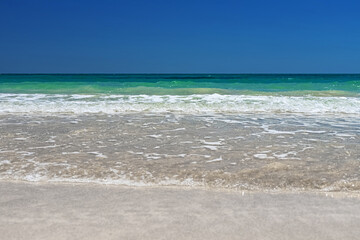 Wonderful view of the lagoon, seashore, white sand beach and blue sea. Djerba Island, Tunisia