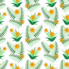 Fern leaves with aloe flowers seamless pattern.
