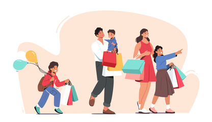 Obraz premium Happy Family Shopping. Father, Mother and Little Kids Holding Paper Bags and Balloons Visiting Supermarket for Purchases