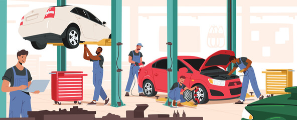 Auto Repair Service, Mechanics Characters with Instruments Fixing and Diagnostics Car. Men in Blue Uniform Checking Auto