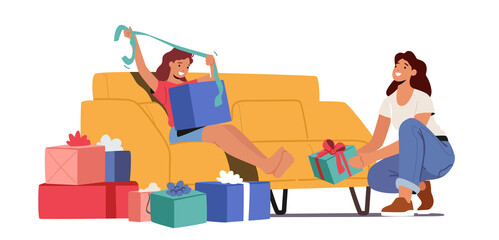 Mother Character Presenting Gifts Wrapped with Bows to Little Daughter on Birthday. Family Relations, Festive Event
