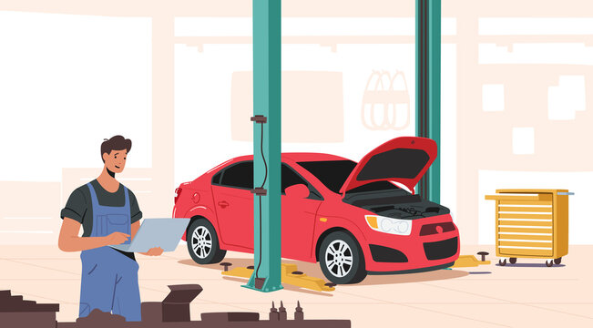 Mechanics Dressed in Blue Overalls Holding Laptop in Garage, Repair Service Staff in Box with Instruments, Auto Checking