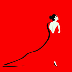 A woman wears a long red gown in a minimalist fashion and beauty illustration featuring negative space with ample room for text.
