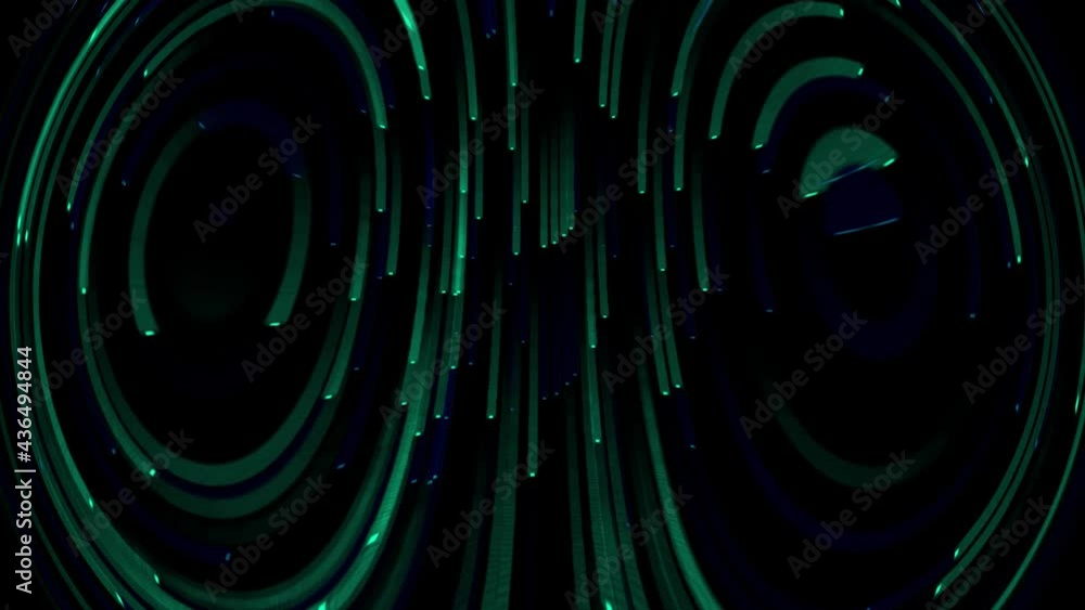 Poster beautiful flow of radial sound waves on black background. motion. pulsating rings getting wider and 
