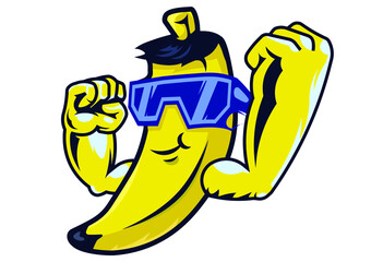 Cool muscular banana character in sunglasses. Happy banana fruit isolated on white background. Cartoon vector mascot