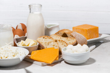 assortment of fresh farm dairy products on white table
