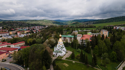 Aerial views of the Orthodox Church in Medzilaborce, Slovakia