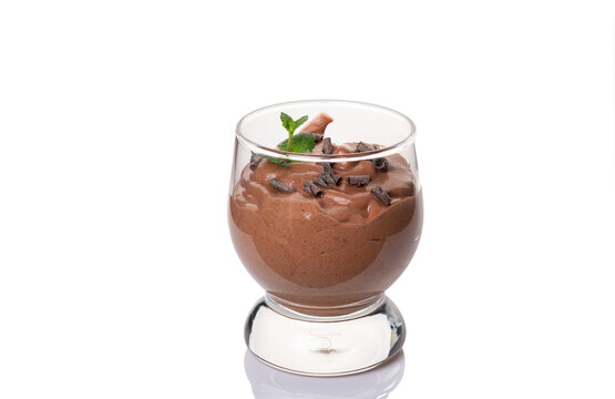 Vegan chocolate mousse glass isolated on white background.