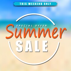 Summer sale background with blurred beach on the back.