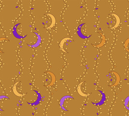 vector seamless pattern of moons on branches in dark purple and yellow colour scheme, main colour is yellow
