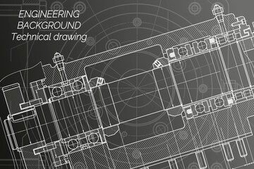 Mechanical engineering drawings on black background. Milling machine spindle. Technical Design. Cover. Blueprint.