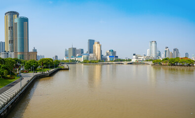 Naklejka premium Bridge and city skyline in Ningbo, China
