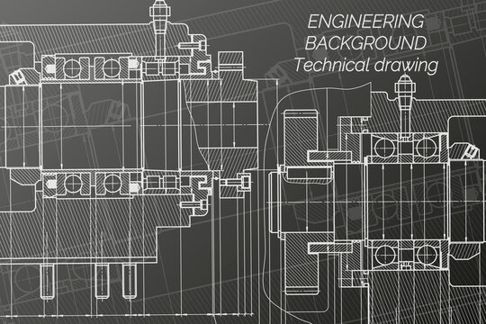 Mechanical engineering drawings on black background. Milling machine spindle. Technical Design. Cover. Blueprint.