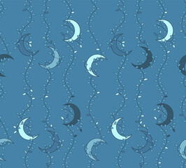 vector seamless blue pattern young moon on branches, dark night colours