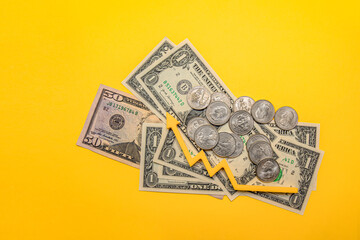 wage growth, population income growth concept. growth arrow on dollar bills, place for text