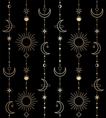 vector seamless black and gold pattern of cosmic objects on line