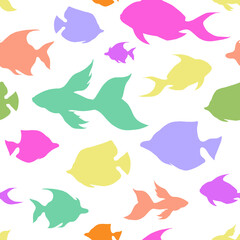 Multicolored tropical fishes silhouette seamless pattern. Exotic ocean surface pattern design. Marine animals contour endless texture. School of fish boundless background. Cute sea life editable tile.