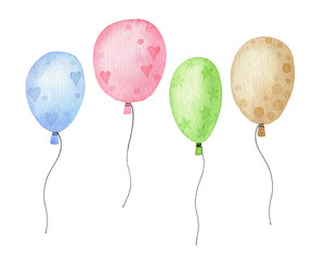 Set of colorful balloons. Watercolor illustration isolated on white.