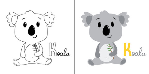 Cute koala with sign Koala. For coloring with example. For kids. isolated on white background. vector © Ira