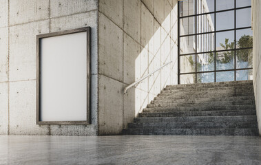 Poster template in a concrete industrial interior, office with stairs and a view of other buildings