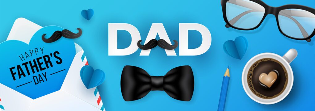 Happy Fathers day greeting card design with envelope, heart shape, eyeglasses and coffee cup