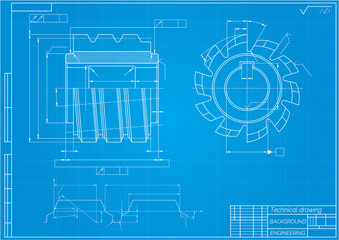 Mechanical engineering drawings on blue background. Cutting tools, milling cutter. Technical Design. Cover. Blueprint.