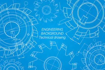 Mechanical engineering drawings on blue background. Cutting tools, milling cutter. Technical Design. Cover. Blueprint.