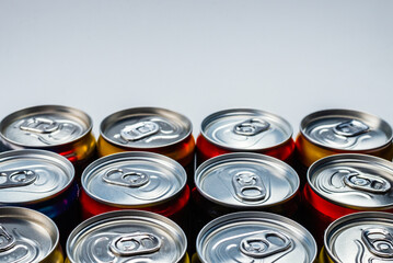 Group of aluminium cans, cold drink.