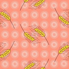 Decorative seamless pattern, bright yellow wheat ears and white daisies on a pink background