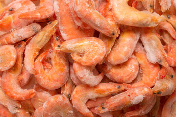 Fresh shrimps in ice. Top view.