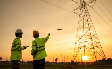 Two electrical engineers used drones to observe the planning work, producing electric power at high...